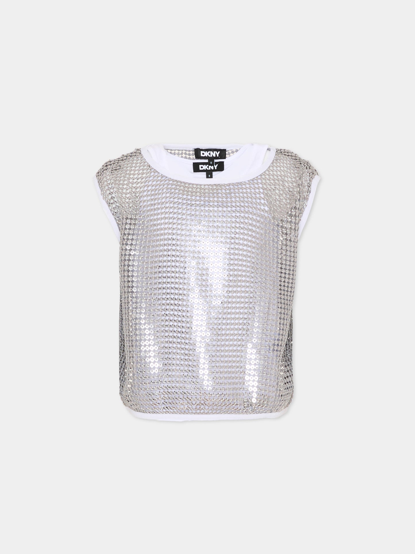 Top argento per bambina traforato con paillettes,Dkny,D62618 016