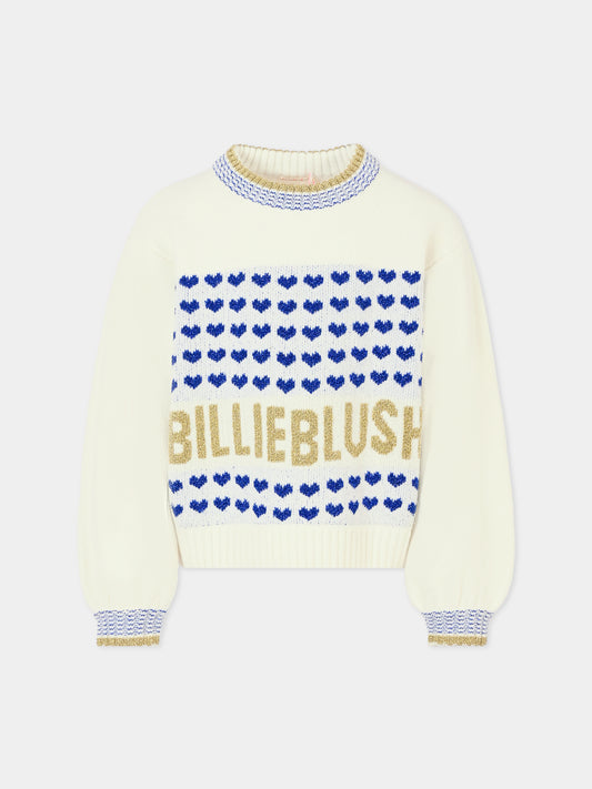 Maglione avorio per bambina con cuori e logo,Billieblush,U20456 121