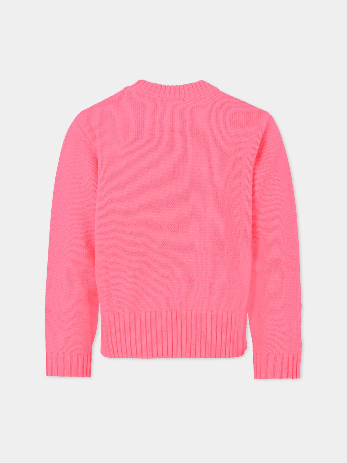 Maglione rosa fluo per bambina con ricamo e pietre,Billieblush,U20462 47A