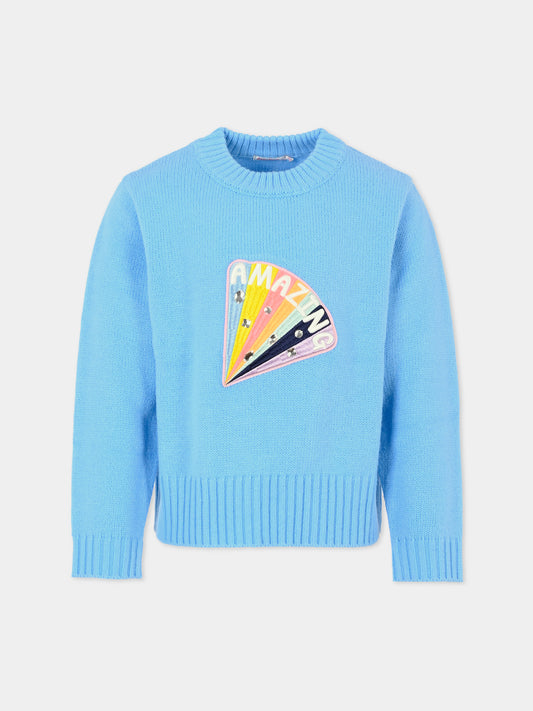 Maglione azzurro per bambina con ricamo e pietre,Billieblush,U20462 80R