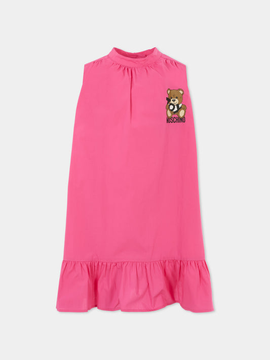 Vestito fucsia per bambina con Teddy Bear,Moschino Kids,HDV0G1 LLA12 50533