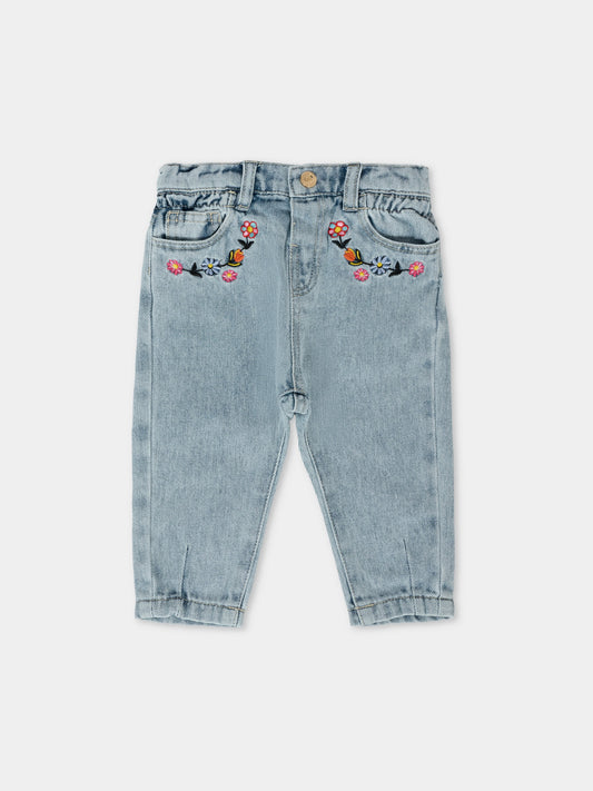 Jeans denim per neonata con fiori ricamati,Moschino Kids,MDP03B L0E34 40213