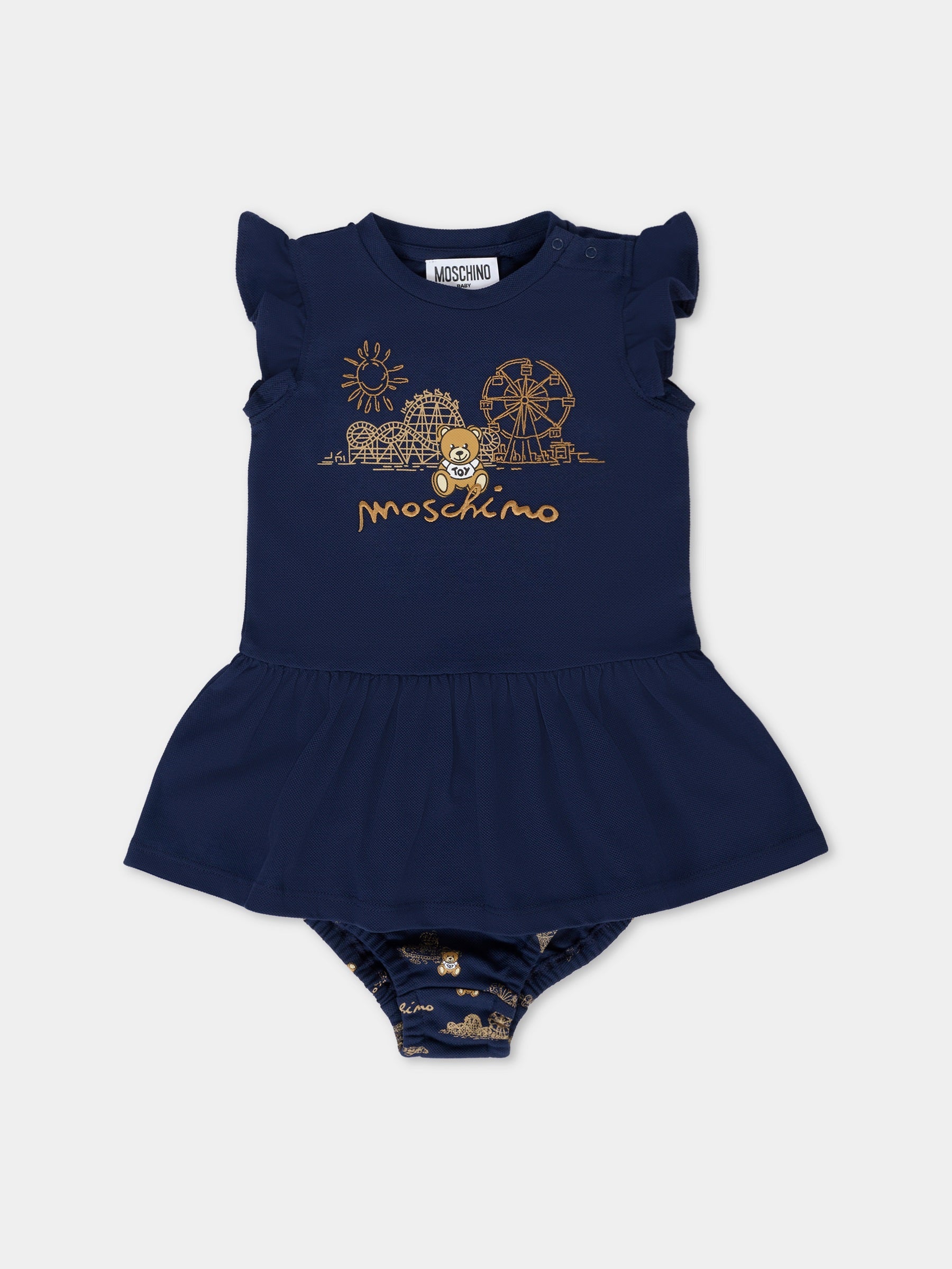 Vestito blu per neonata con Teddy Bear,Moschino Kids,MDV0C4 LFA06 40016