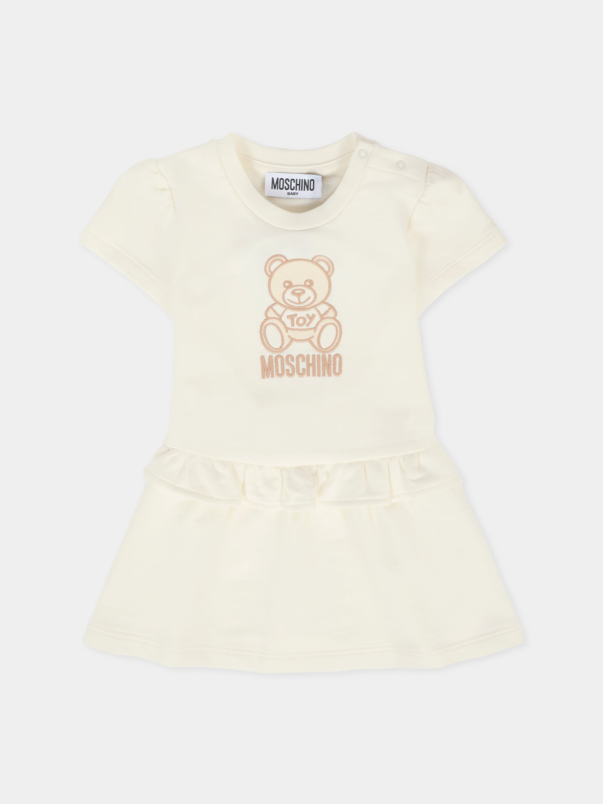 Vestito avorio per neonata con Teddy Bear ricamato,Moschino Kids,MDV0CF LCA19 10063