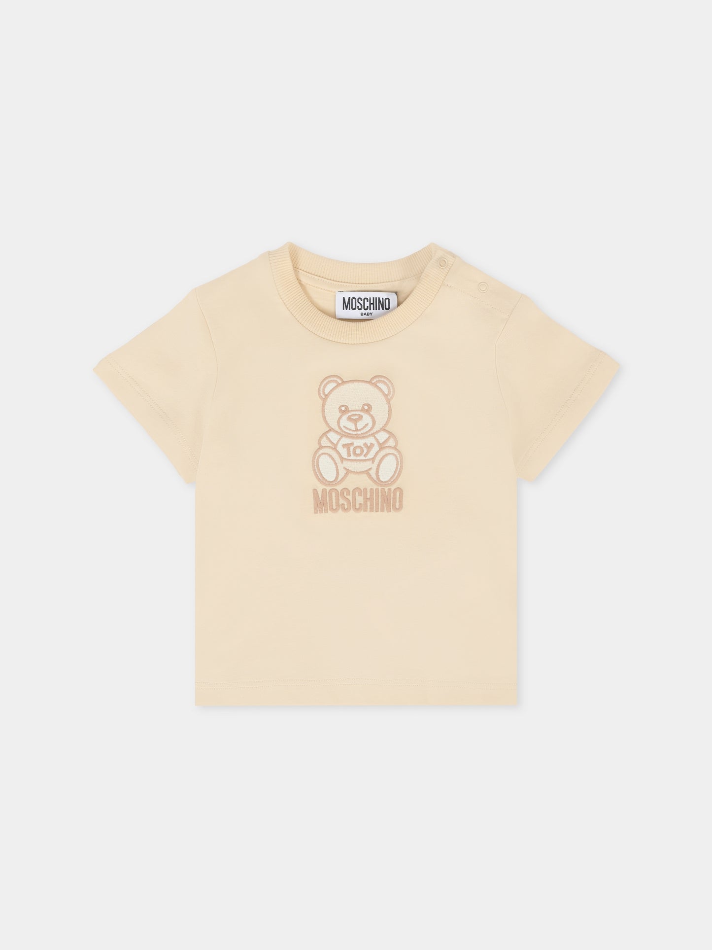 T-shirt beige per neonati con Teddy Bear ricamato,Moschino Kids,MPM047 LAA23 20404