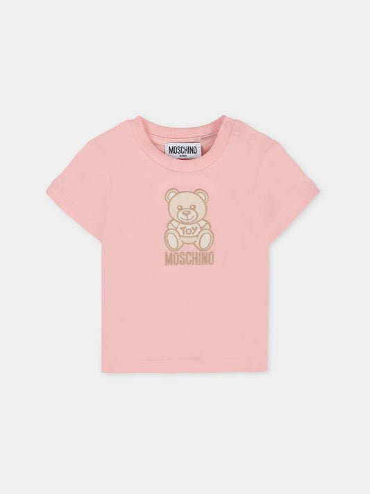T-shirt rosa per neonata con Teddy Bear ricamato,Moschino Kids,MPM047 LAA23 50209