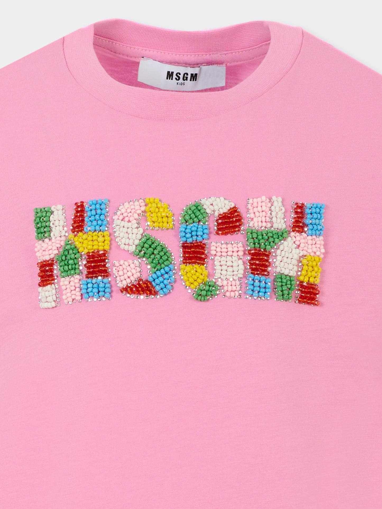 T-shirt rosa per bambina con logo e perline,Msgm Kids,S5MSJGTH251 MS003