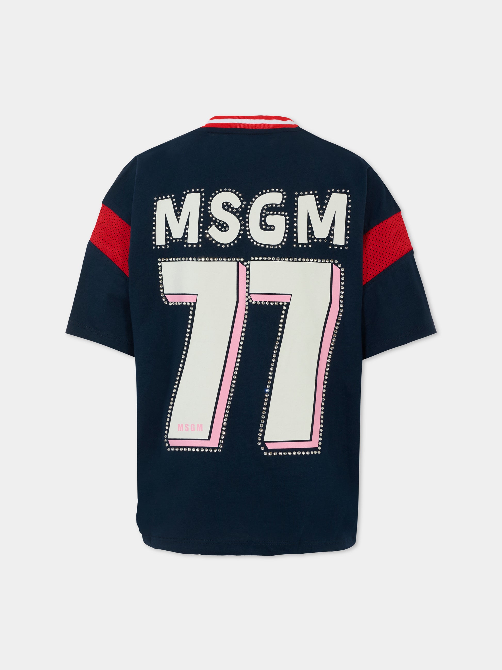 T-shirt blu per bambina con logo e strass,Msgm Kids,S5MSJGTH252 060