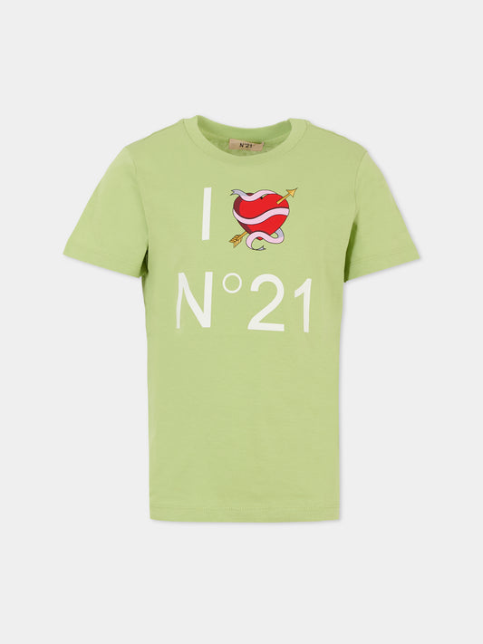 T-shirt verde per bambina con cuore e logo,N°21 Kids,N2102C N0153 0N513