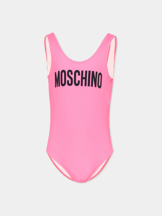 Costume intero fucsia per bambina con logo,Moschino Kids,HDL016 LKA11 50533