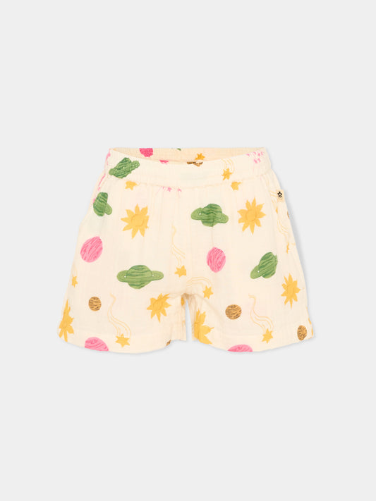 Shorts sportivi avorio per bambina con stampa pianeti,Mini Rodini,2623010711