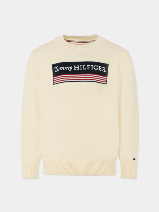 Maglione avorio per bambino con logo ricamato,Tommy Hilfiger Junior,KB0KB09344 Z00