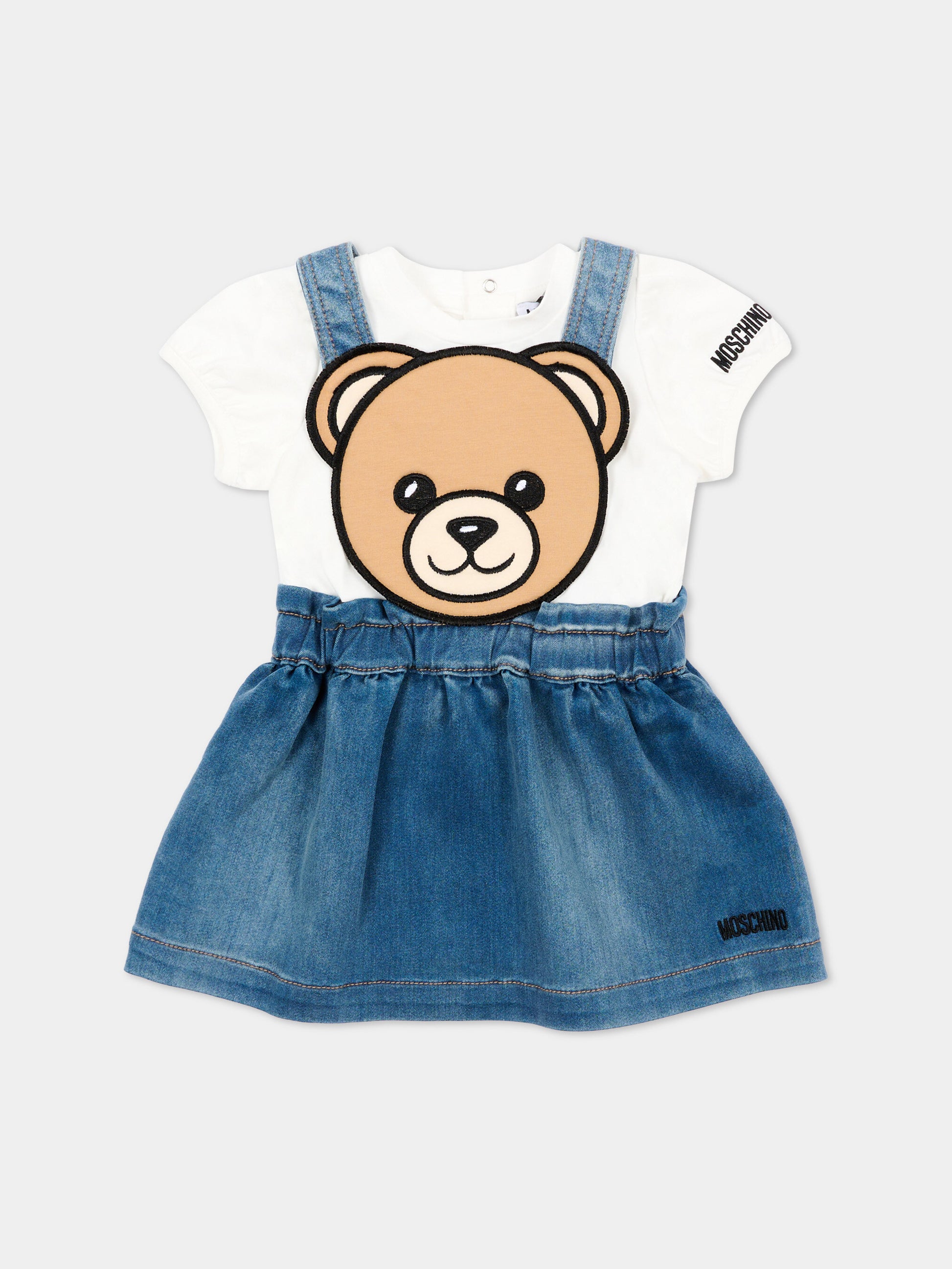 Salopette denim per neonata con Teddy Bear,Moschino Kids,MDG01V LXE43 40332