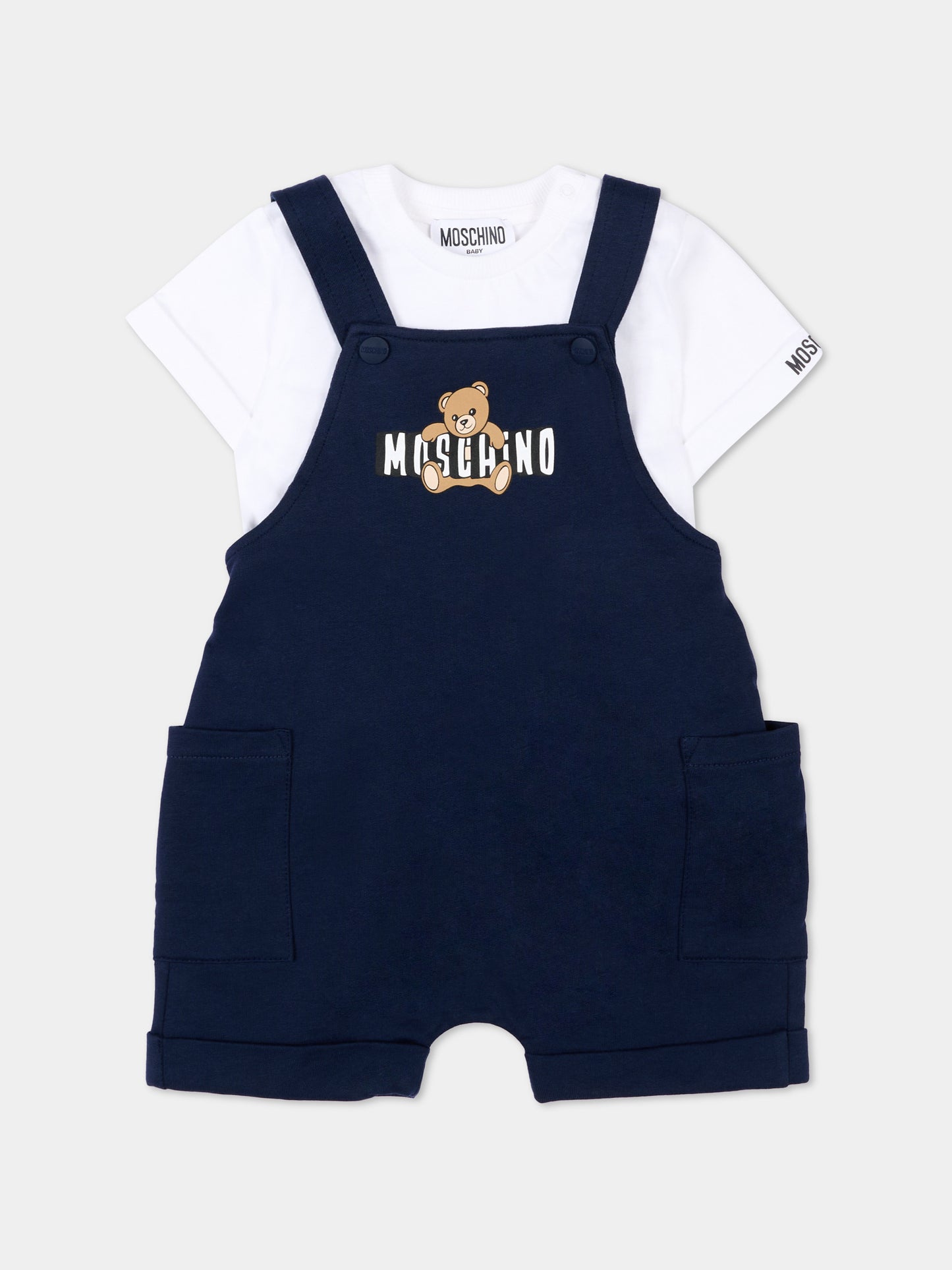 Salopette blu per neonato con Teddy Bear,Moschino Kids,MUG01T LCA19 83240