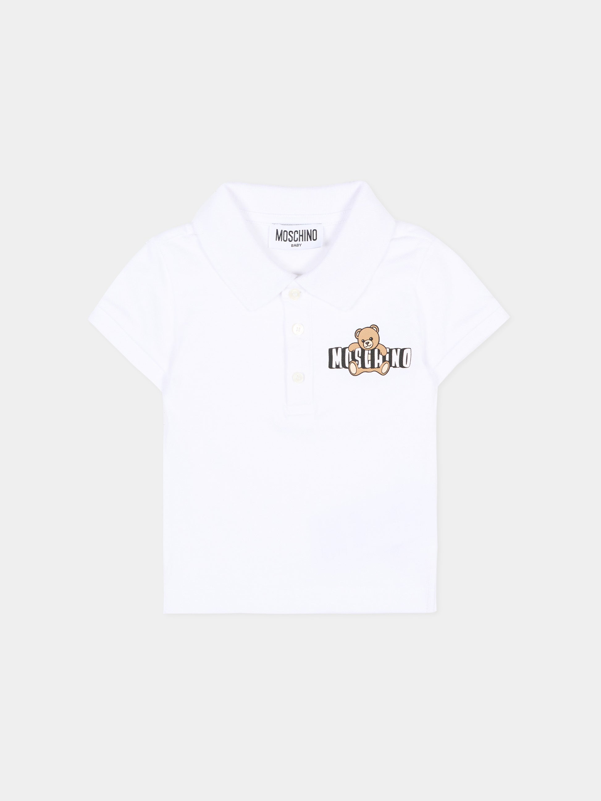 Polo bianca per neonato con logo e Teddy Bear,Moschino Kids,MUM04J LFA09 10101