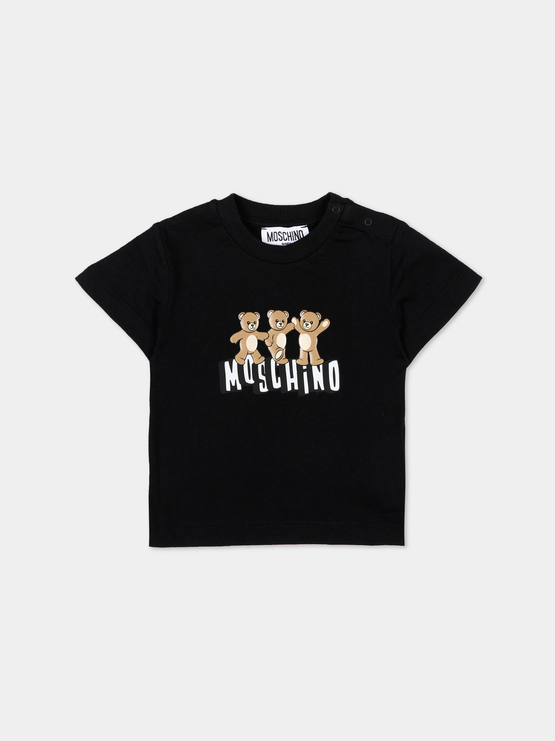 T-Shirt nera per neonati con logo e Teddy Bear,Moschino Kids,MUM04K LAA17 60100