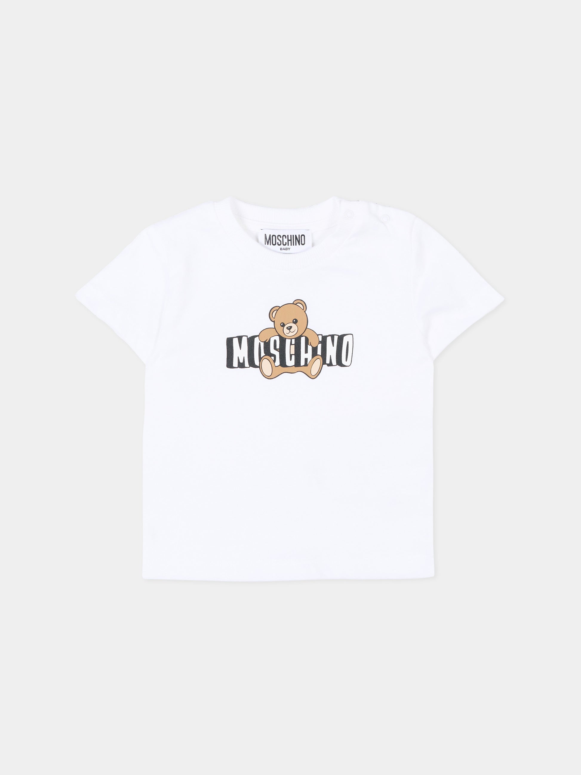 T-Shirt bianca per neonati con logo e Teddy Bear,Moschino Kids,MUM04P LAA03 10101