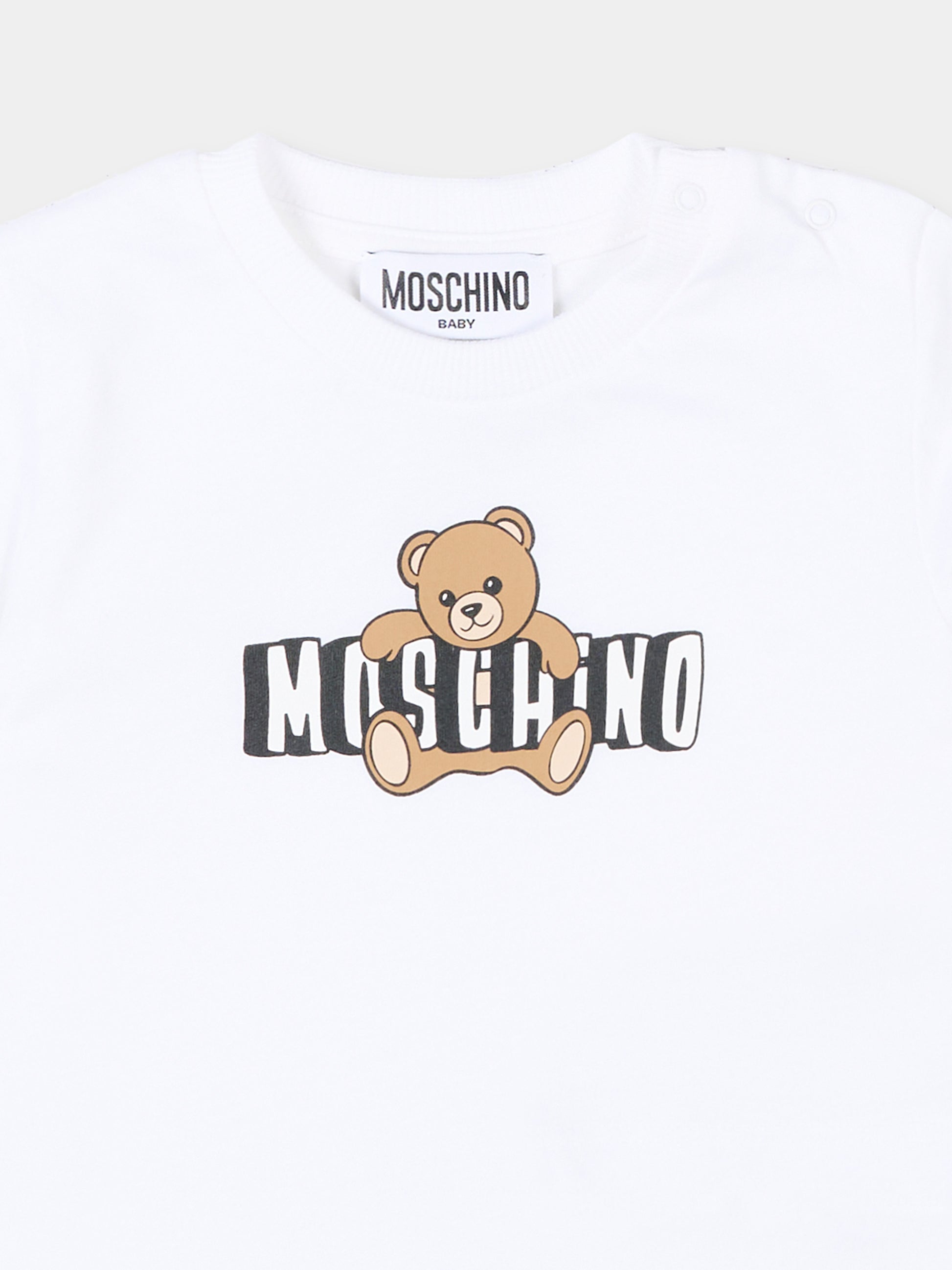 T-Shirt bianca per neonati con logo e Teddy Bear,Moschino Kids,MUM04P LAA03 10101