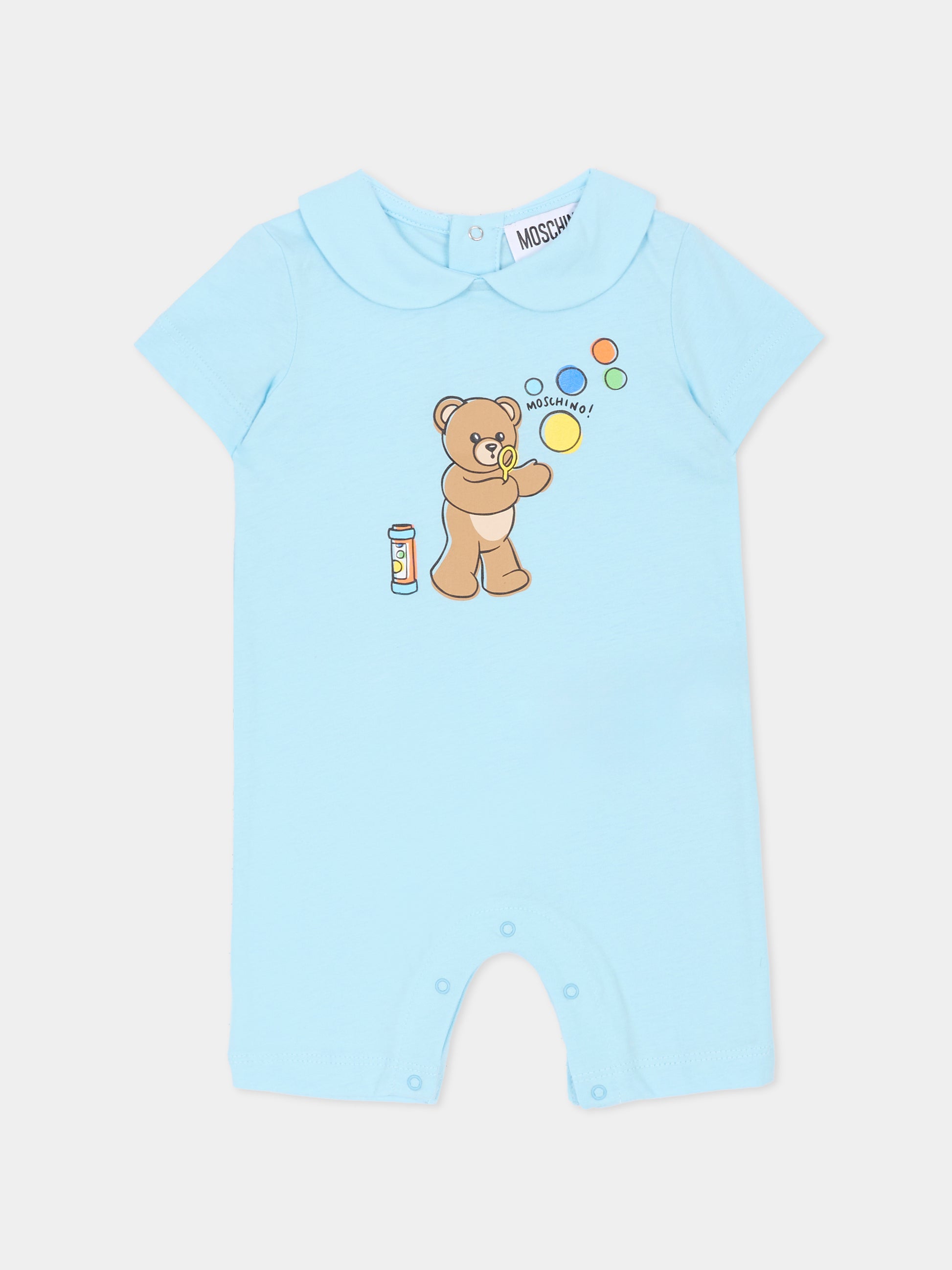 Pagliaccetto celeste per neonato con Teddy Bear e bolle di sapone,Moschino Kids,MUT04M LAA03 40304