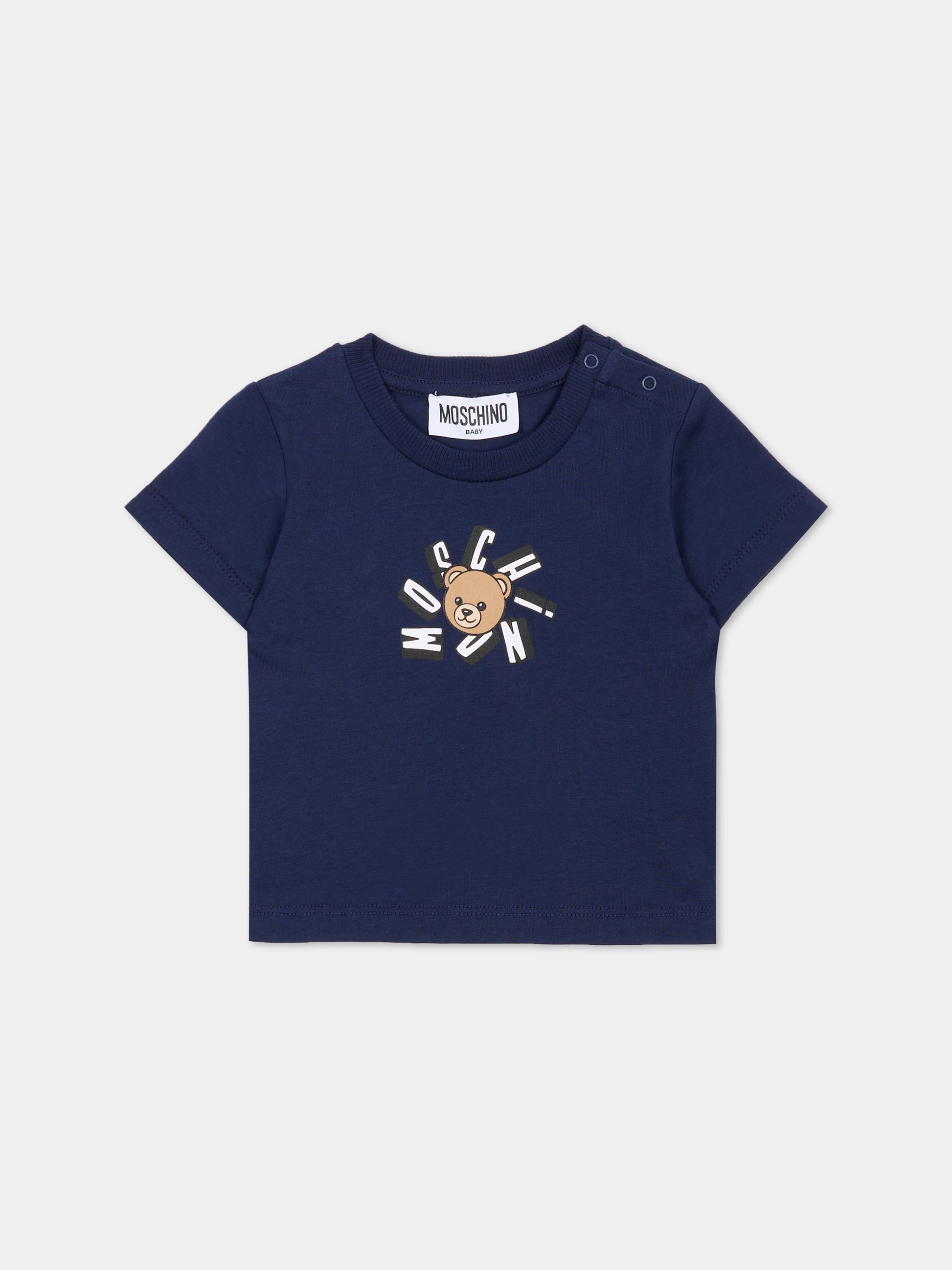 T-shirt blu per neonati con Teddy Bear,Moschino Kids,MXM047 LAA02 40016