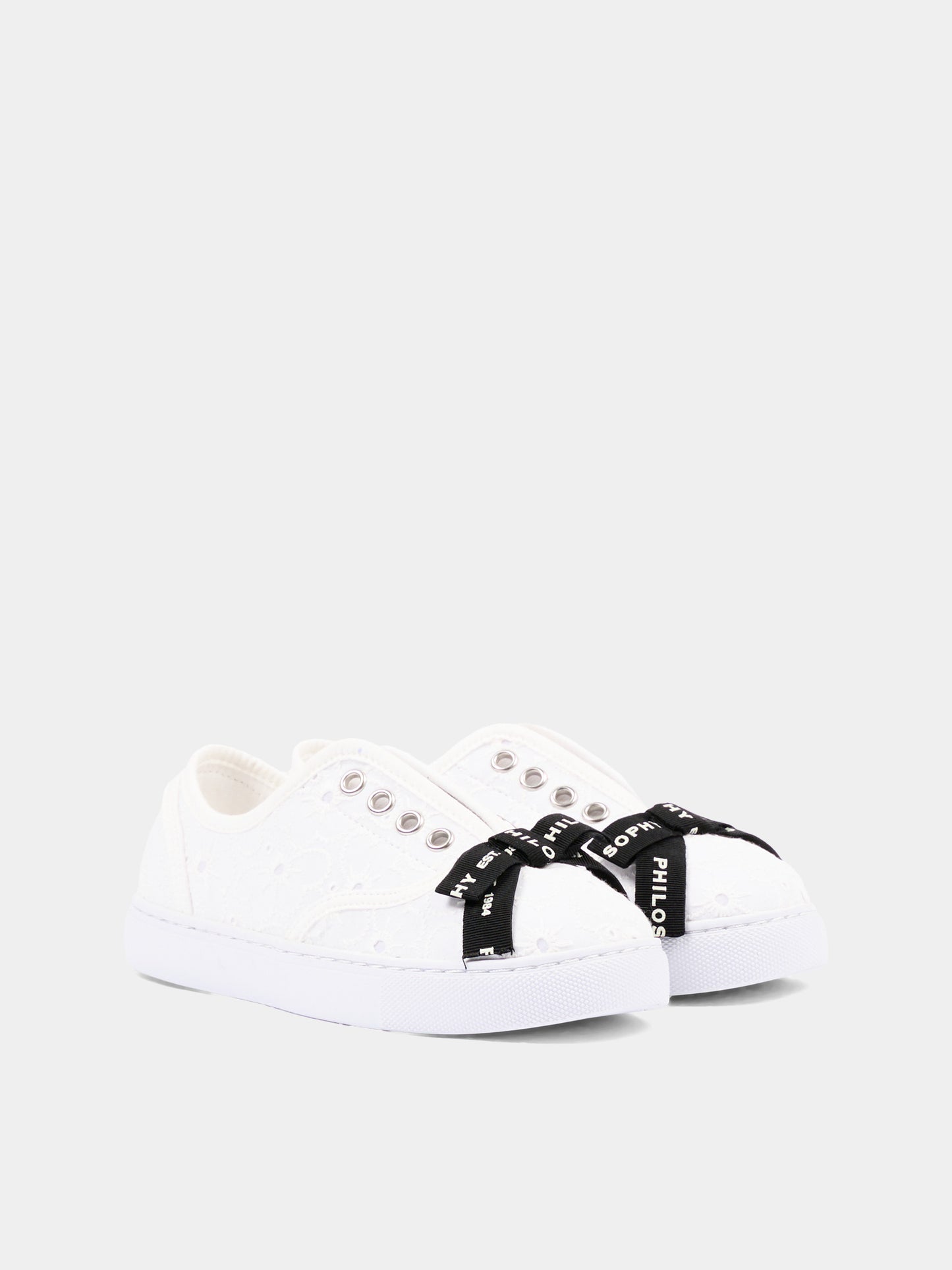 Sneakers avorio per bambina in sangallo con logo,Philosophy,I8G006 - 7946 - 0001
