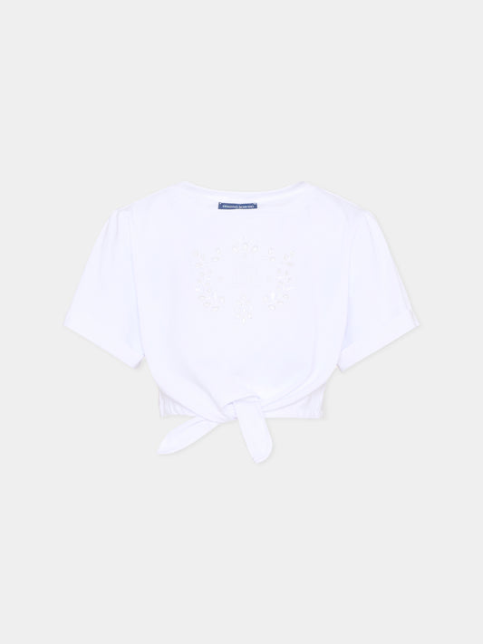 T-shirt crop bianca per bambina con logo e ricami,Ermanno Scervino Junior,Z1G609 - 7201 - 0099
