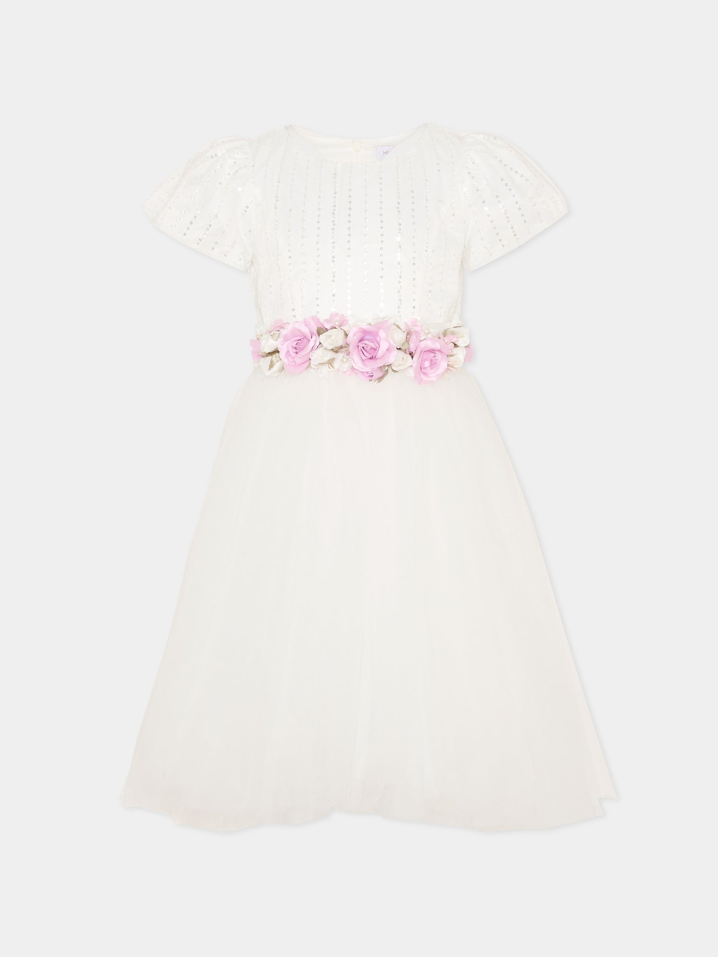 Vestito bianco per bambina con fiori e paillettes,Monnalisa,79G914 - 7743 - 0163