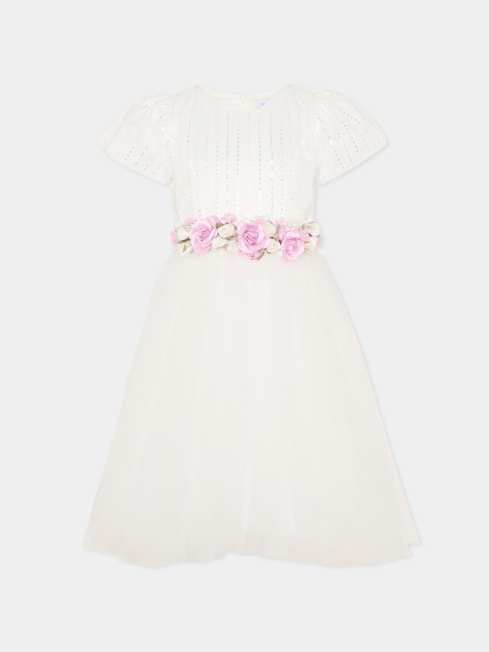 Vestito bianco per bambina con fiori e paillettes,Monnalisa,79G914 - 7743 - 0163