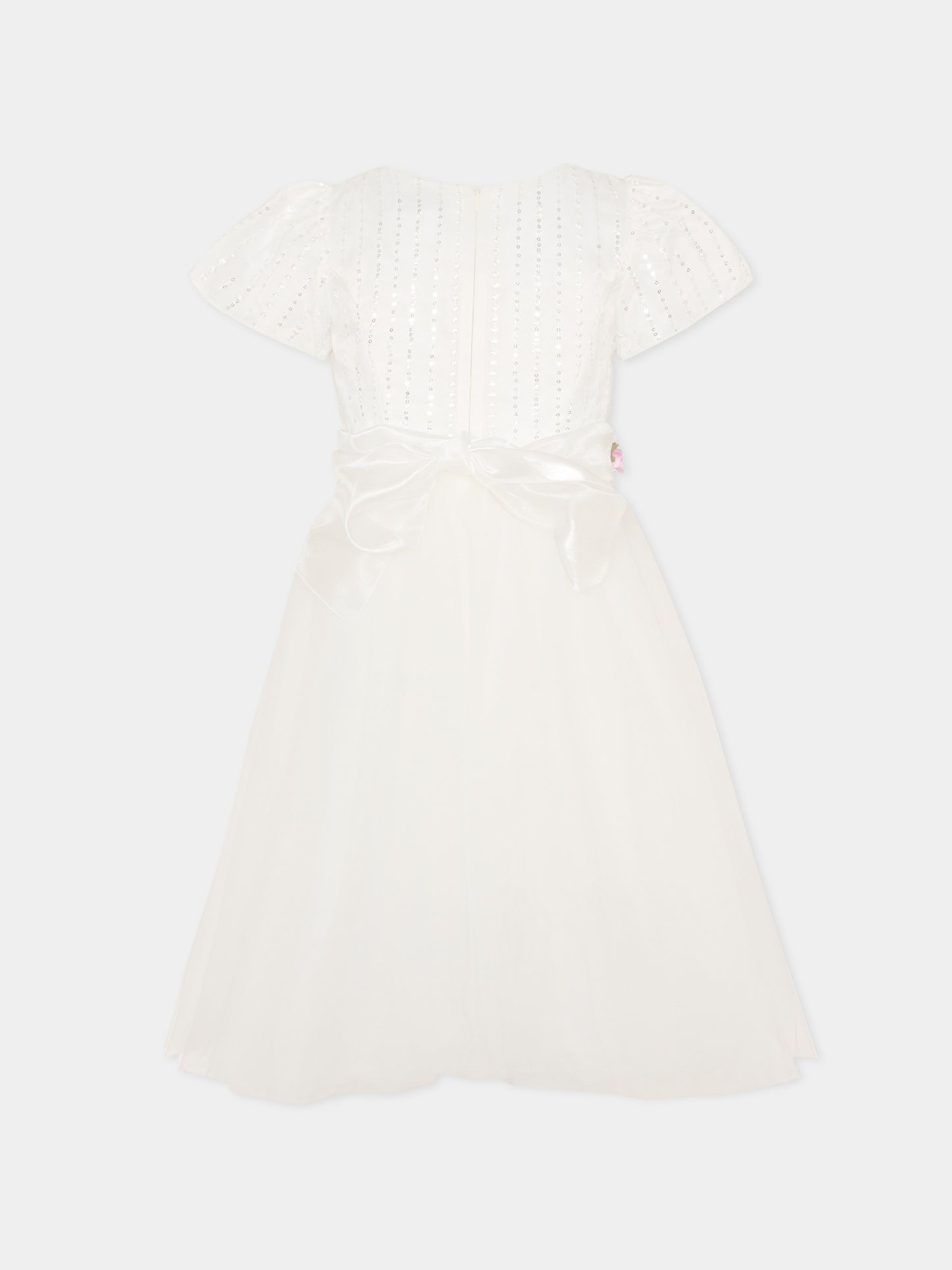 Vestito bianco per bambina con fiori e paillettes,Monnalisa,79G914 - 7743 - 0163