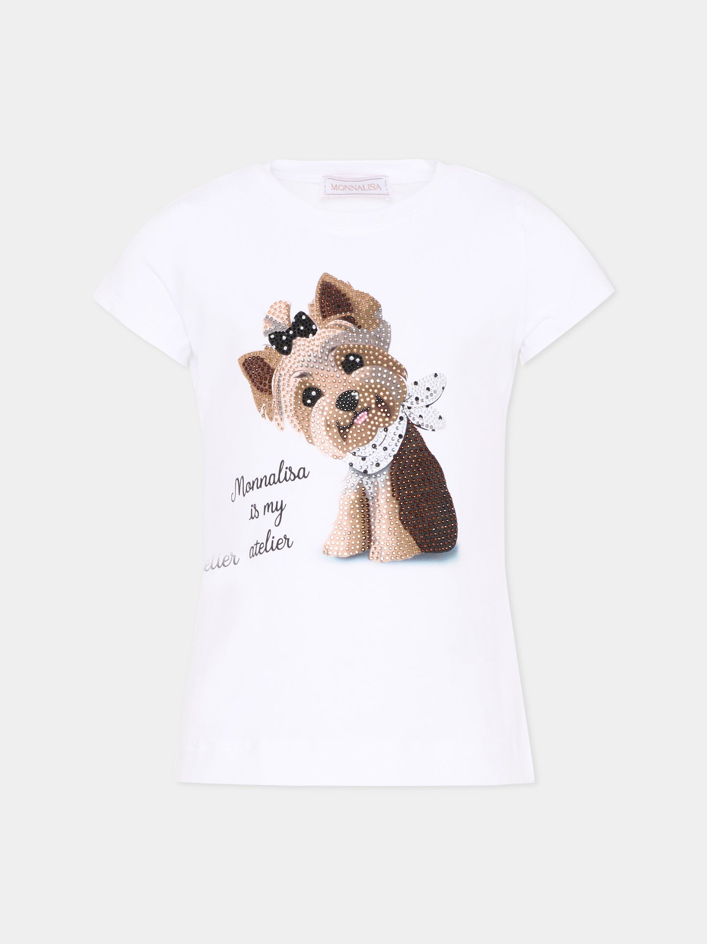 T-Shirt bianca per bambina con strass,Monnalisa,19G613 - 7032 - 0099