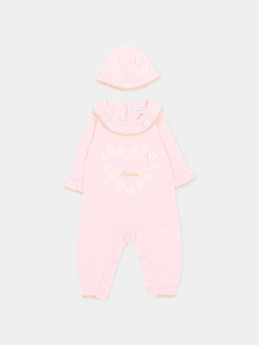 Set tutina rosa per neonata con fiori,Monnalisa,35G513 - 7040 - 0090