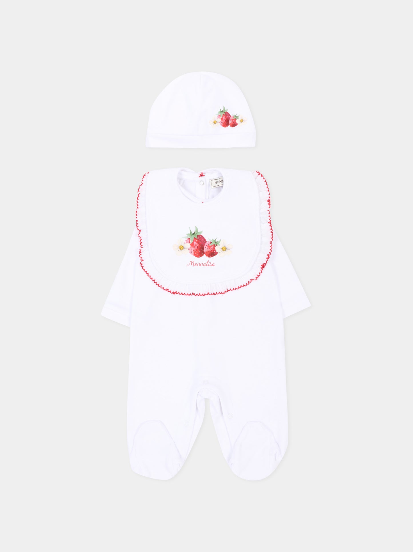 Set tutina bianco per neonata con fragole,Monnalisa,35G514 - 7084 - 0099