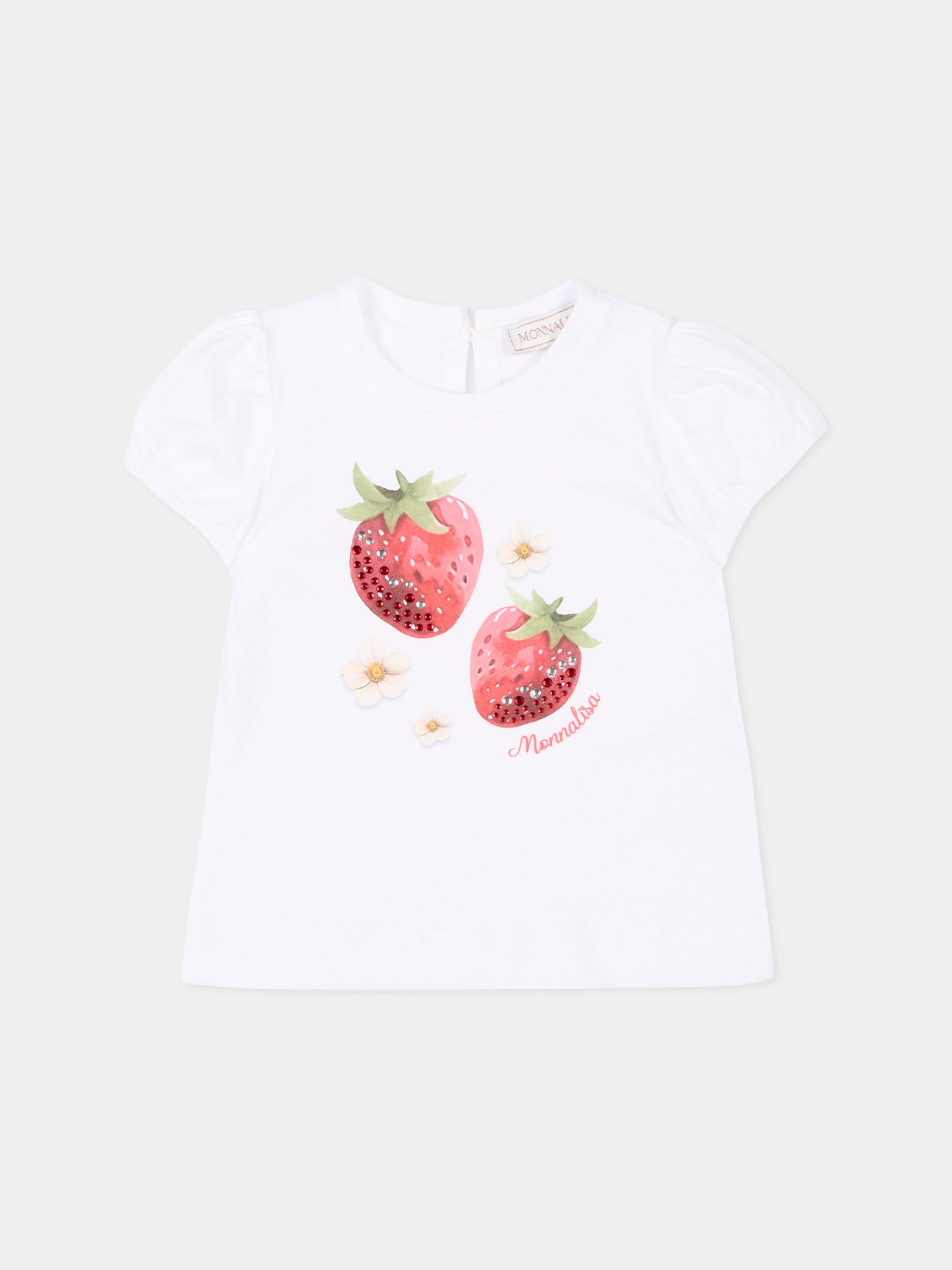 T-shirt bianca per neonata con fragole,Monnalisa,39G613 - 7002 - 0099