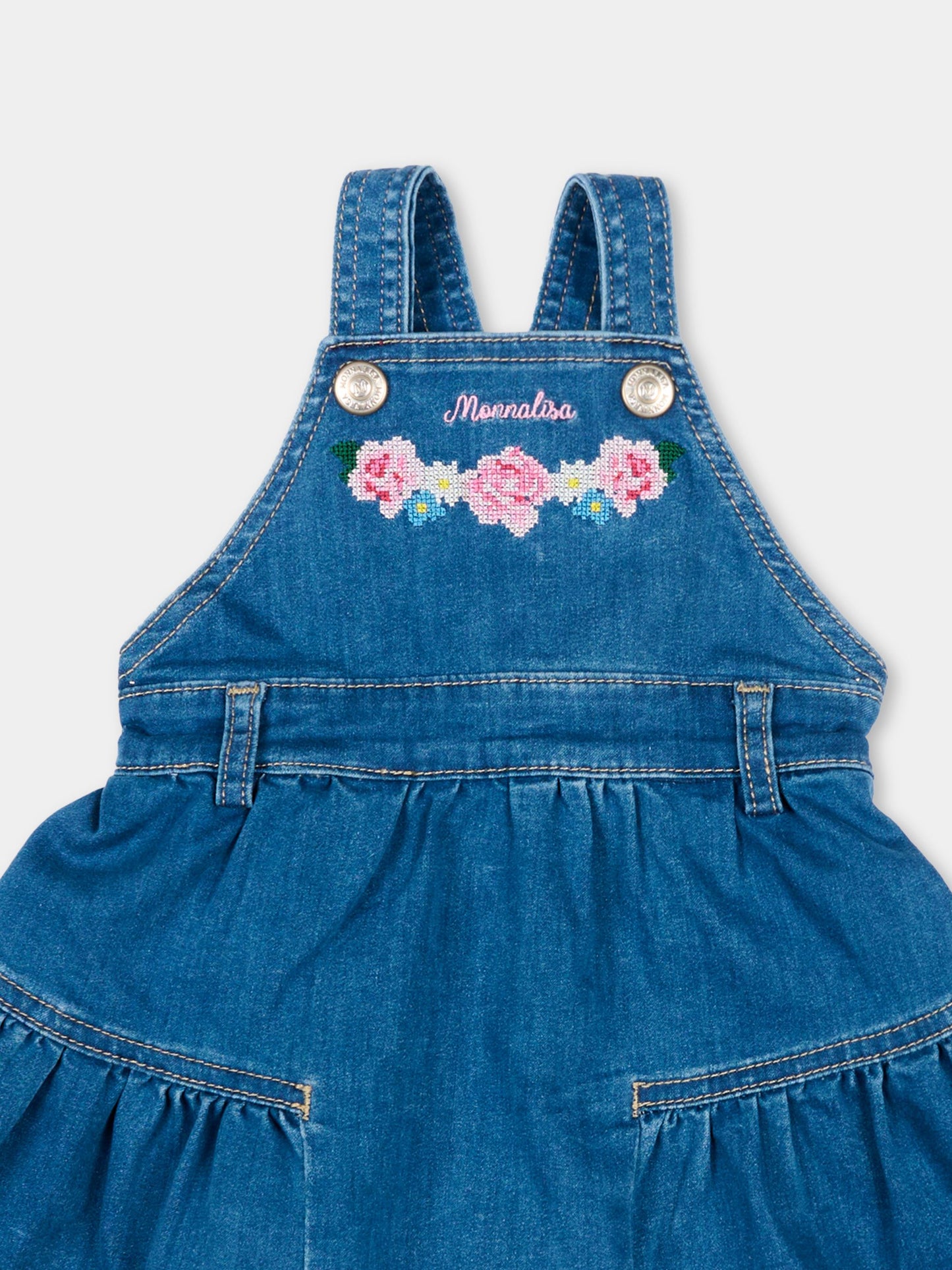 Salopette denim per neonata con fiori,Monnalisa,39G704 - 7017 - 0055
