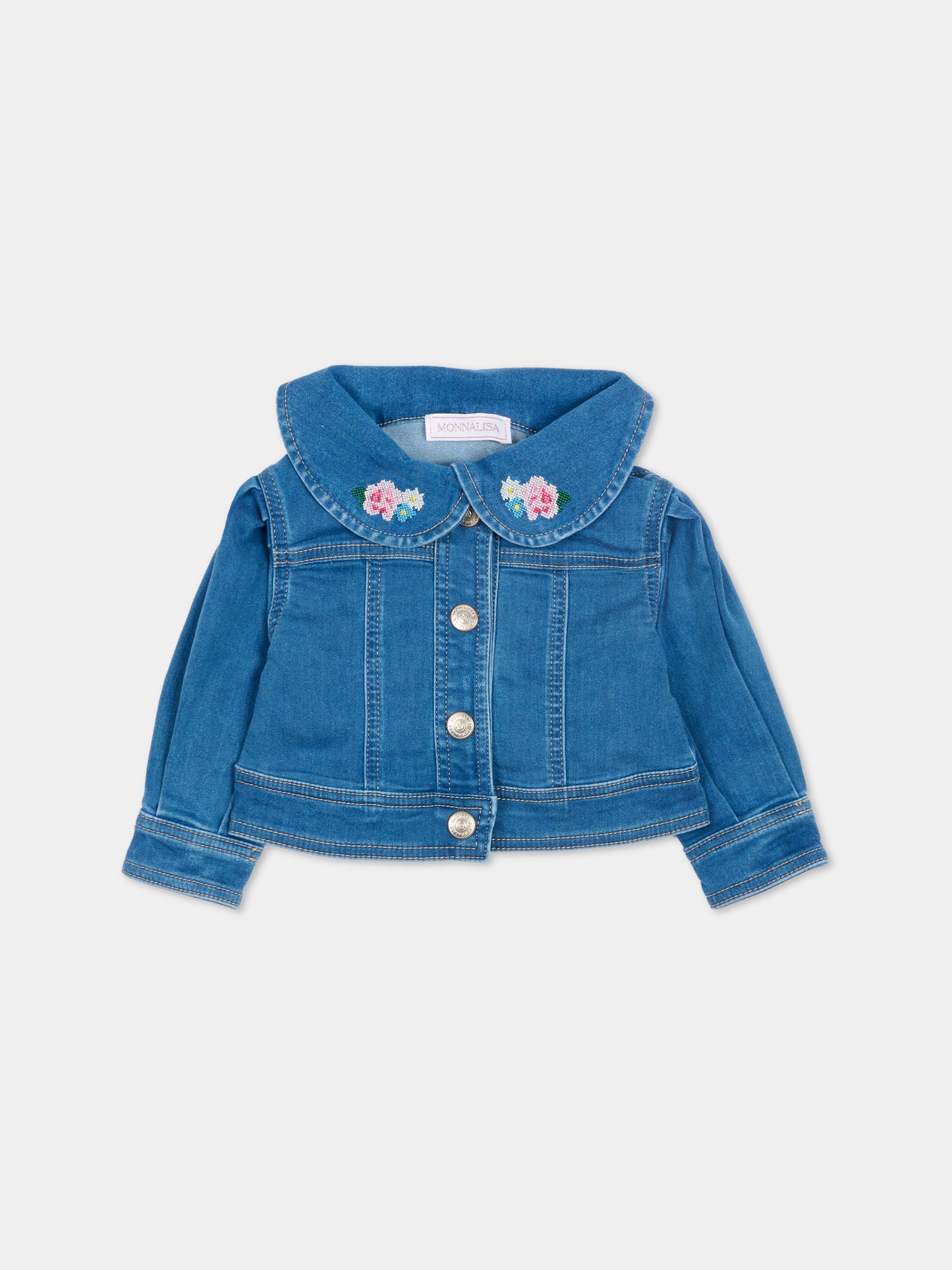 Giubbotto di jeans denim per neonata con fiori ricamati,Monnalisa,39G101 - 7017 - 0055