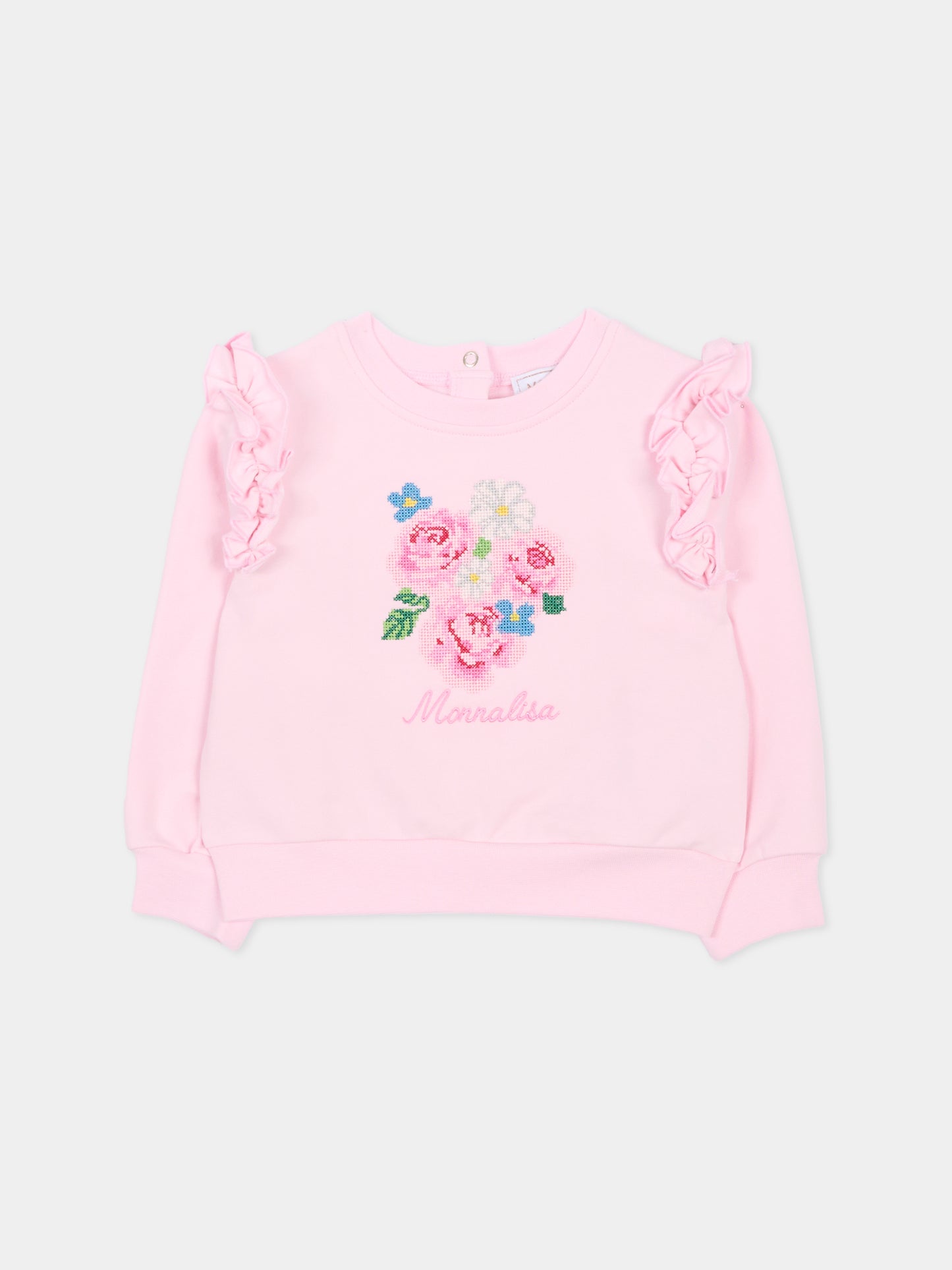 Felpa rosa per neonata con fiori ricamati,Monnalisa,39G604 - 7007 - 0090