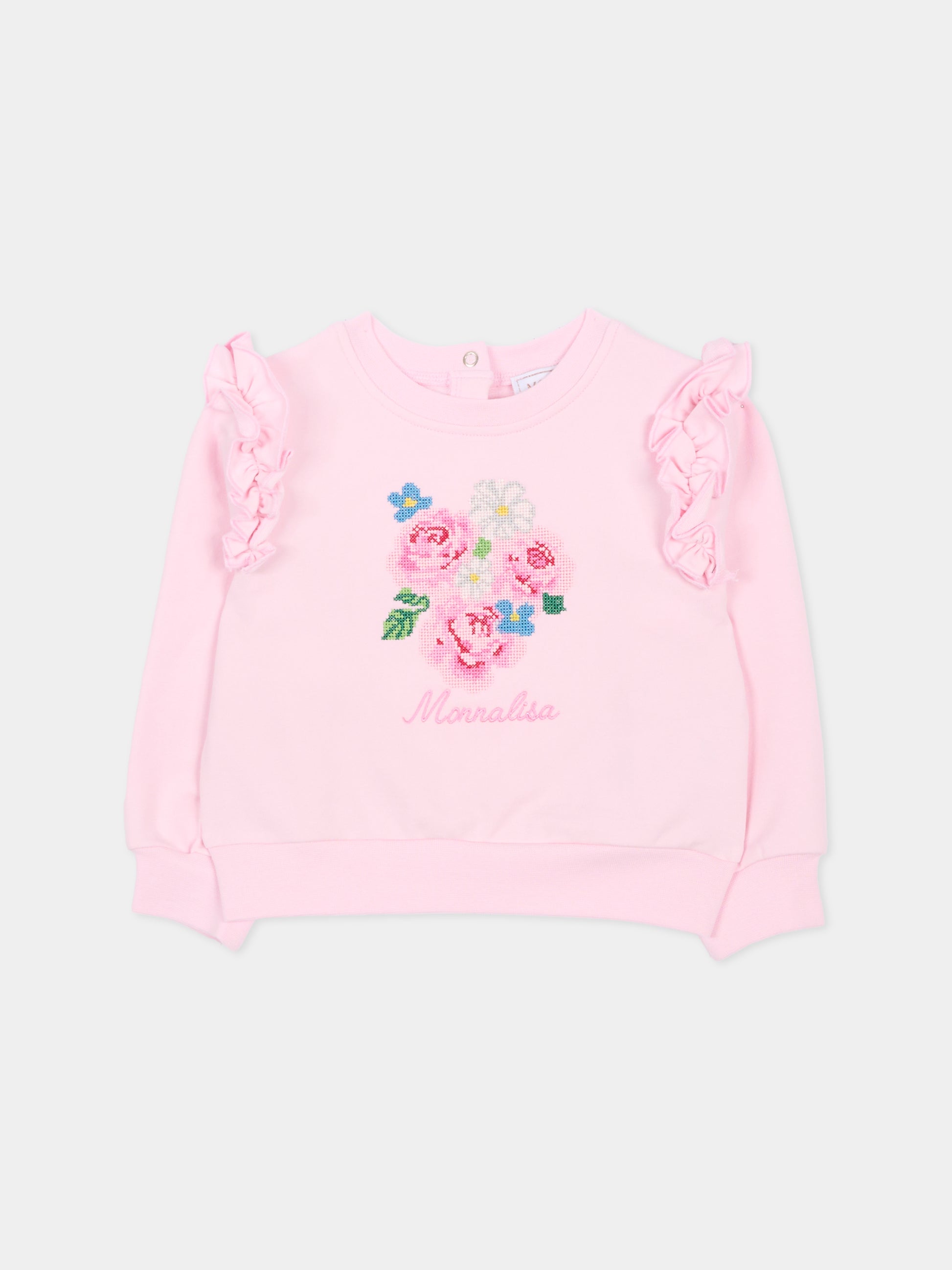 Felpa rosa per neonata con fiori ricamati,Monnalisa,39G604 - 7007 - 0090