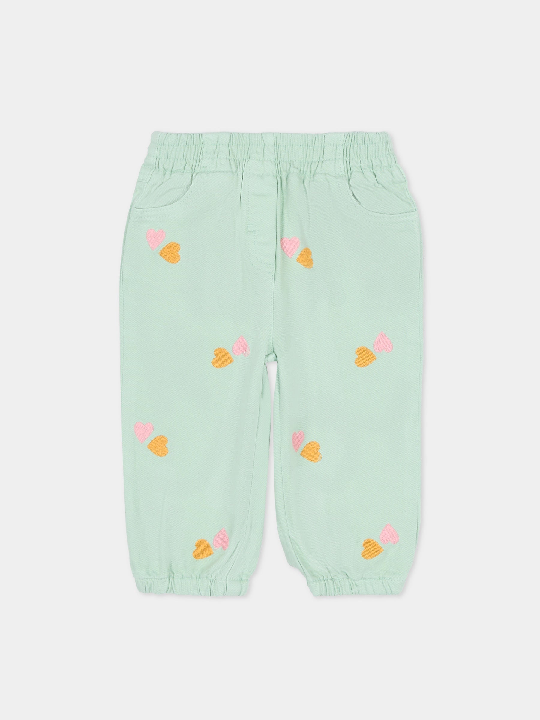 Pantaloni verdi per neonata con cuori ricamati,Stella Mccartney Kids,TY6020-Z3454 754EM