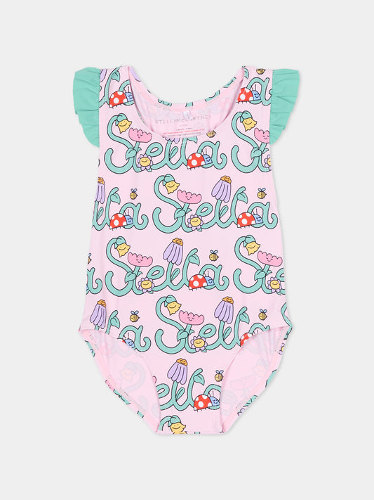 Costume intero rosa per neonata con logo e fiori,Stella Mccartney Kids,TYC039-Z3587 51RMC