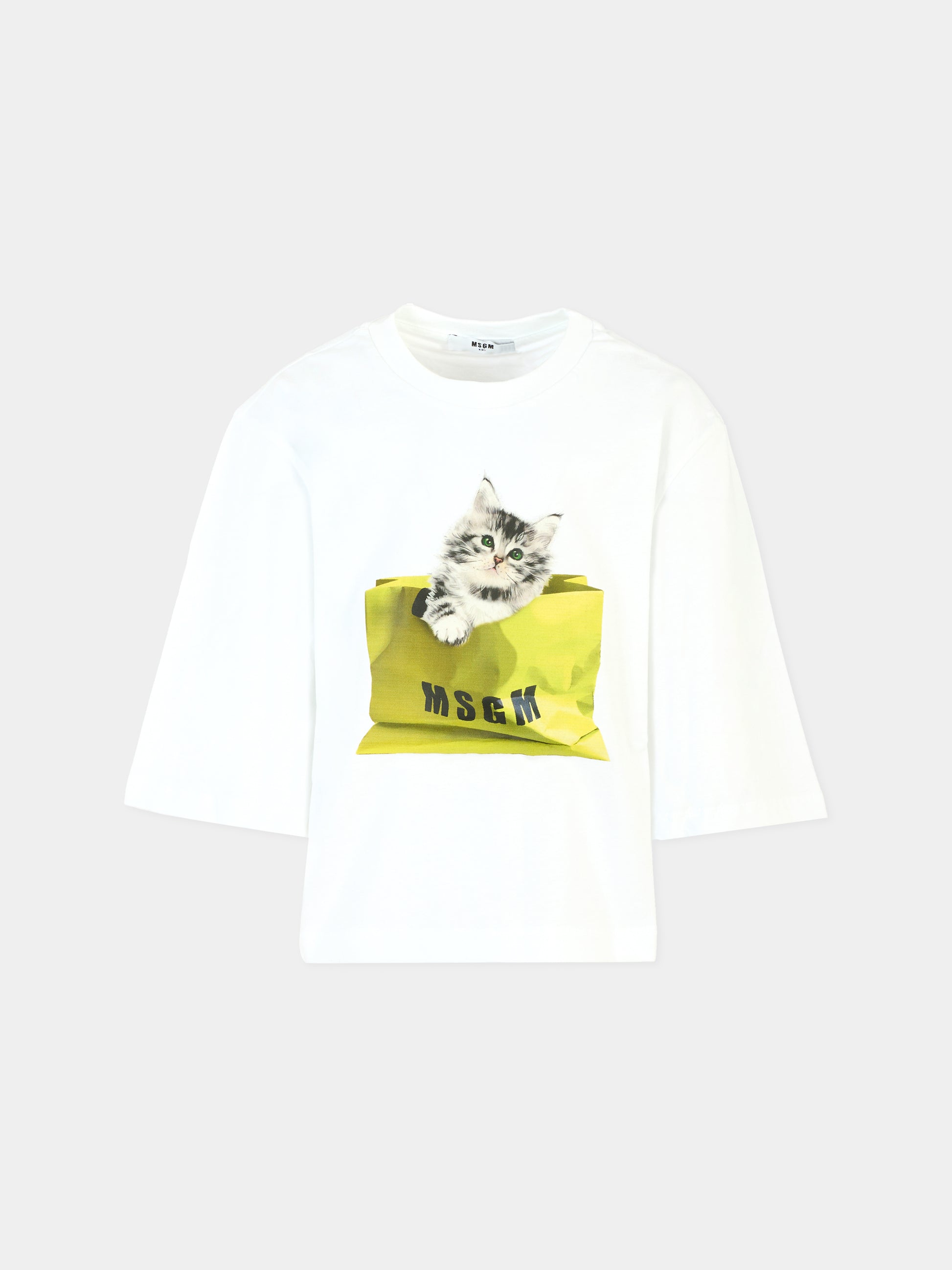 T-shirt crop bianca per bambina con gatto,Msgm Kids,MS029453 001