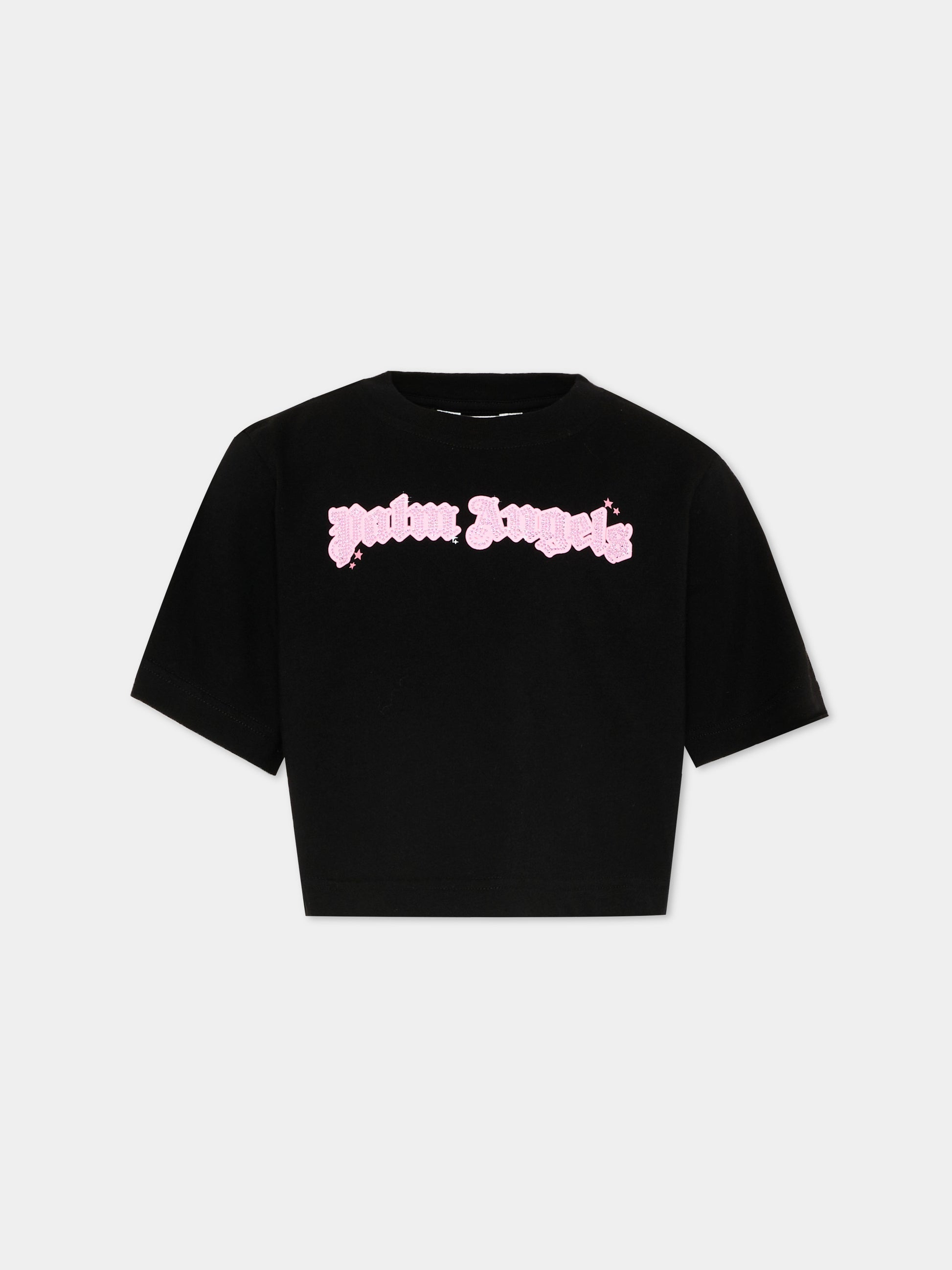 T-Shirt nera per bambina con logo strass,Palm Angels,PGAA004S26JER001 110