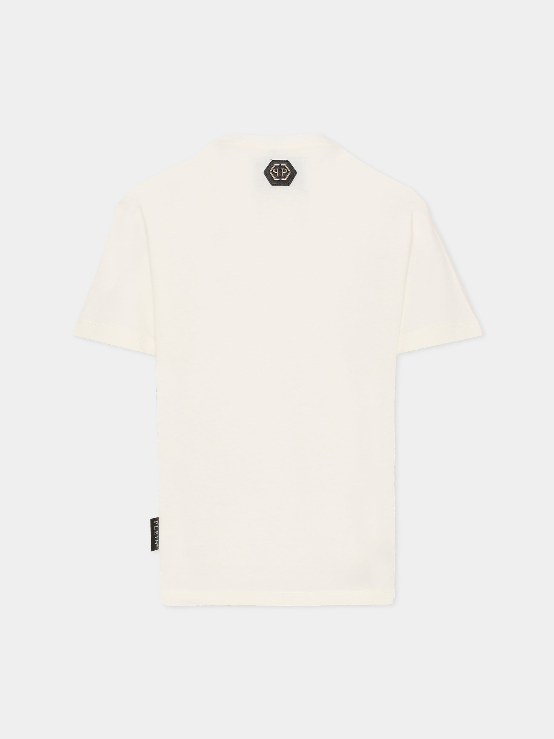 T-shirt avorio per bambina con orsetto e logo di strass,Philipp Plein Junior,S6PHJGTH202 002