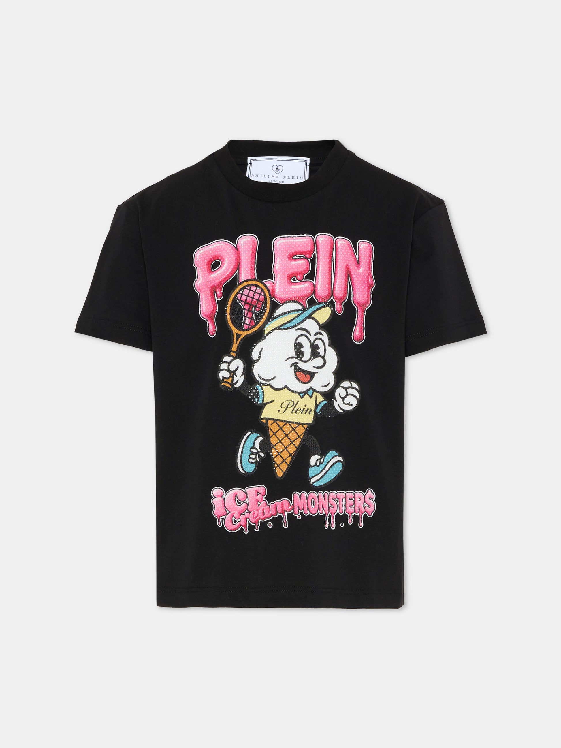 T-shirt nera per bambina con gelato di strass,Philipp Plein Junior,S6PHJGTH210 110