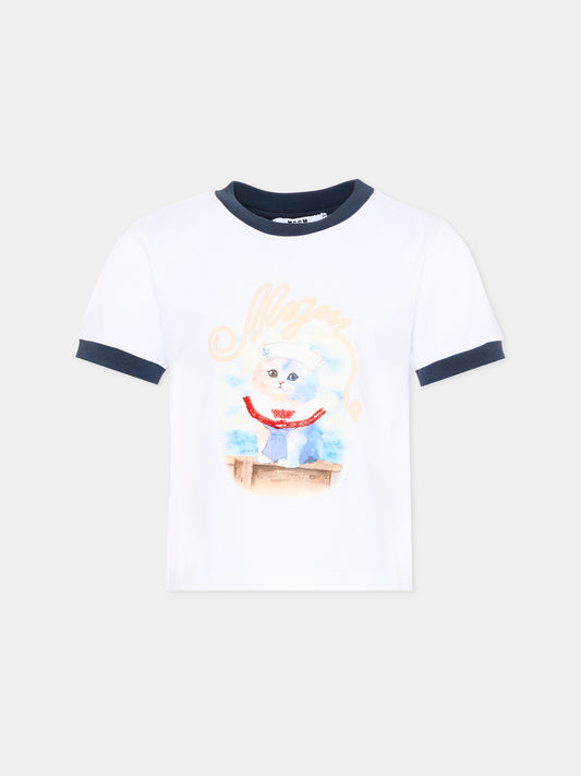 T-Shirt bianca per bambina con stampa gatto,Msgm Kids,S6MSJGTH016 001/83