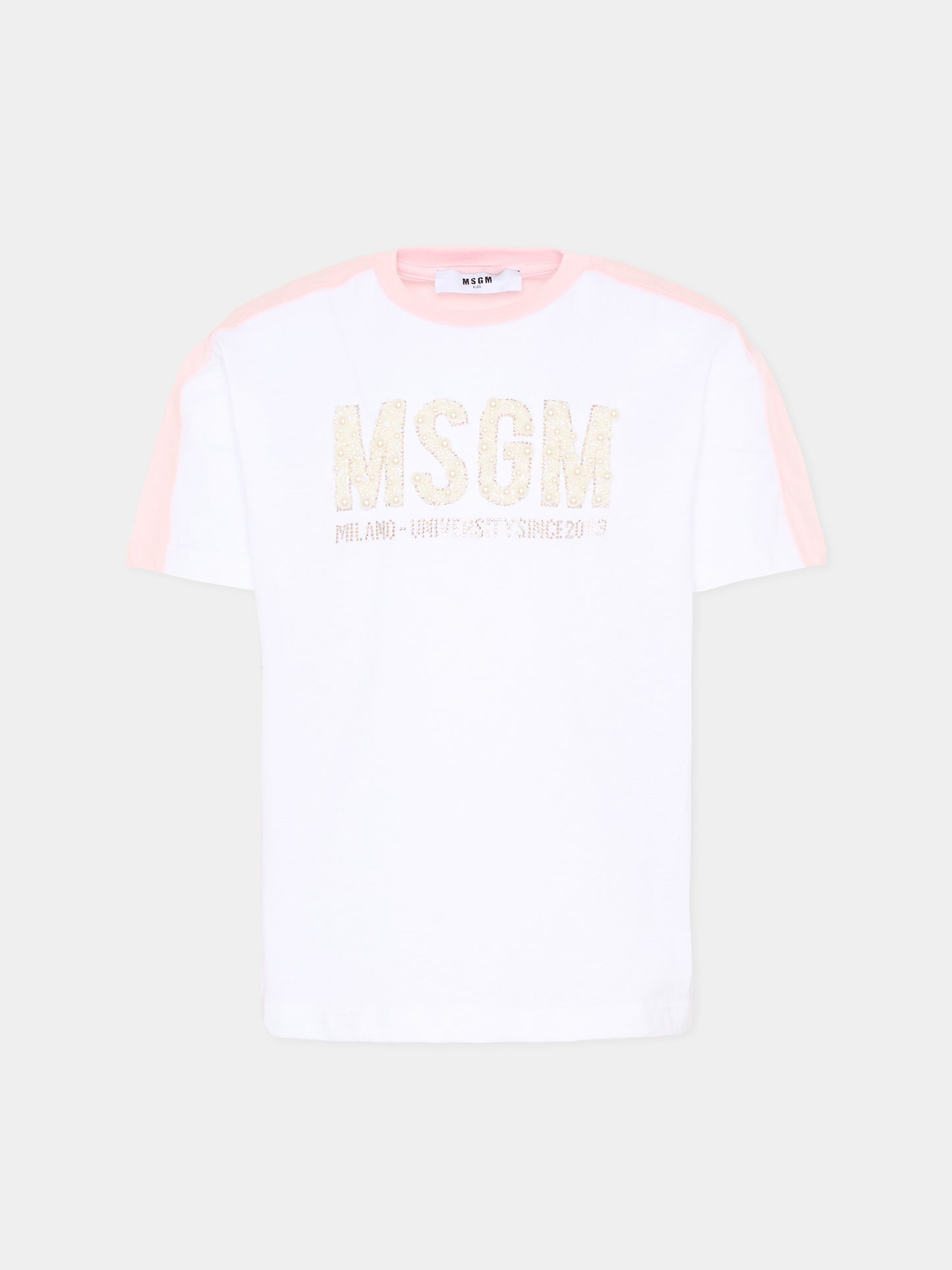T-Shirt bianca per bambina con logo gioiello,Msgm Kids,S6MSJGTH033 001/78