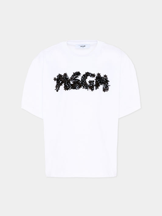 T-Shirt bianca per bambina con logo,Msgm Kids,S6MSJGTH087 001