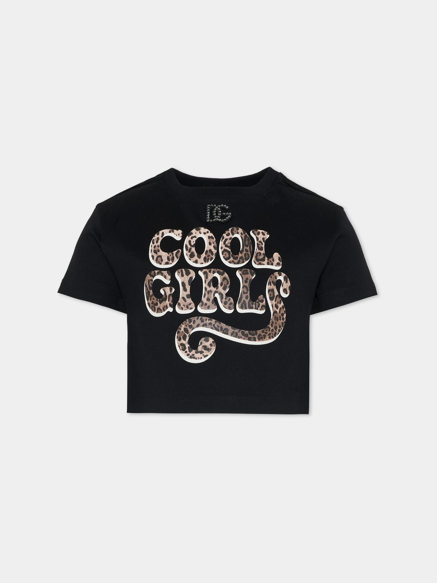 T-shirt crop nera per bambina con logo e scritta,Dolce & Gabbana Kids,L5JTQH G7PXF N0000