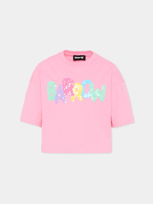 T-Shirt rosa per bambina con logo,Barrow,S6BKJGTH132 BW311