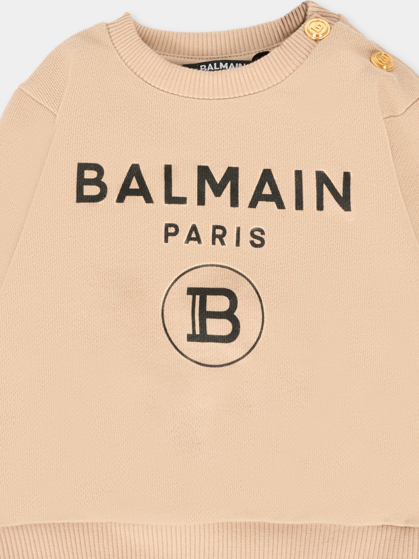 Felpa beige per neonati con loghi neri,Balmain Kids,6R4520 Z0001 122NE