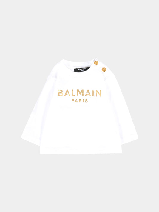 T-shirt bianca per neonati con logo dorato,Balmain Kids,6R8520 Z0738 100OR